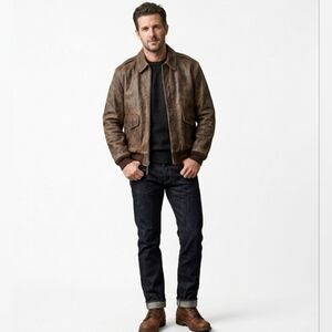 80s/90s Genuine Leather Type A-2 Flight Jacket w/Map Pattern Lining Brown Sz XXL